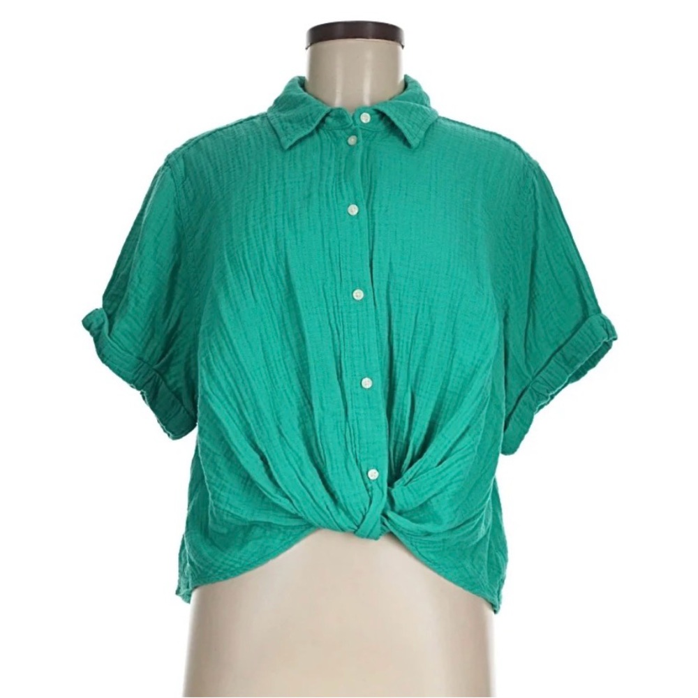 Universal Thread Teal Button-Front Tie Hem Shirt